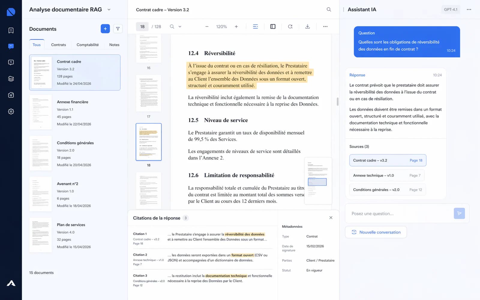 Capture d’écran réaliste d’une application RAG pour interroger des PDF avec citations vérifiables