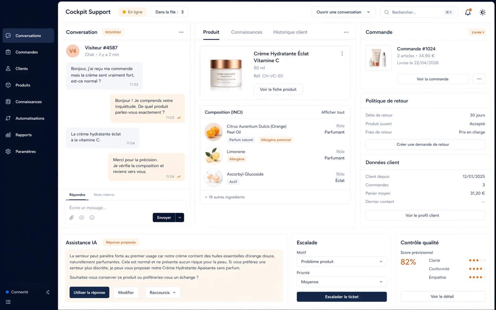 Capture d’écran réaliste d’un chatbot support e-commerce avec contexte commande et base de connaissance