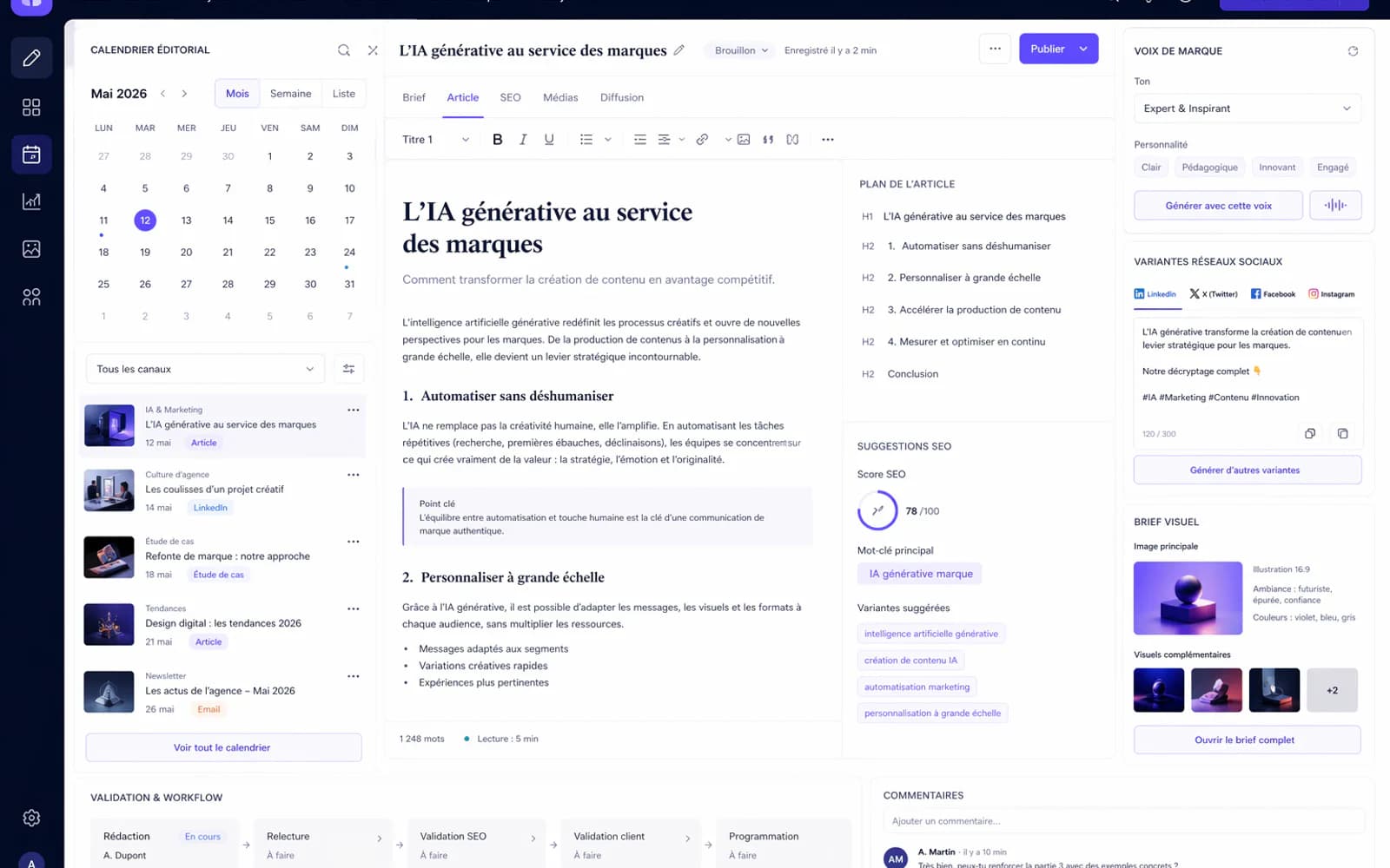Capture d’écran réaliste d’un outil de production éditoriale IA avec brief, SEO et calendrier