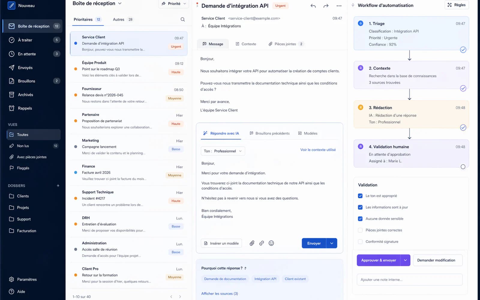 Capture d’écran réaliste d’un assistant email LangGraph avec triage, brouillon et validation humaine