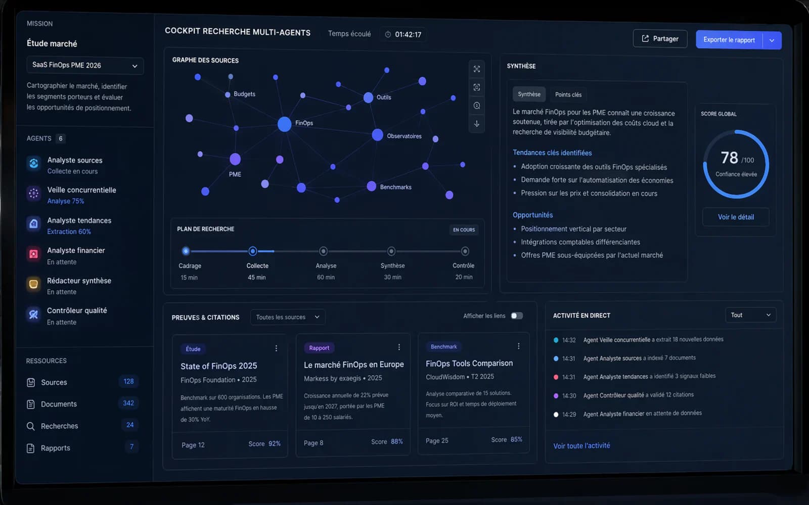 Capture d’écran réaliste d’un système de recherche multi-agents avec sources, progression et synthèse