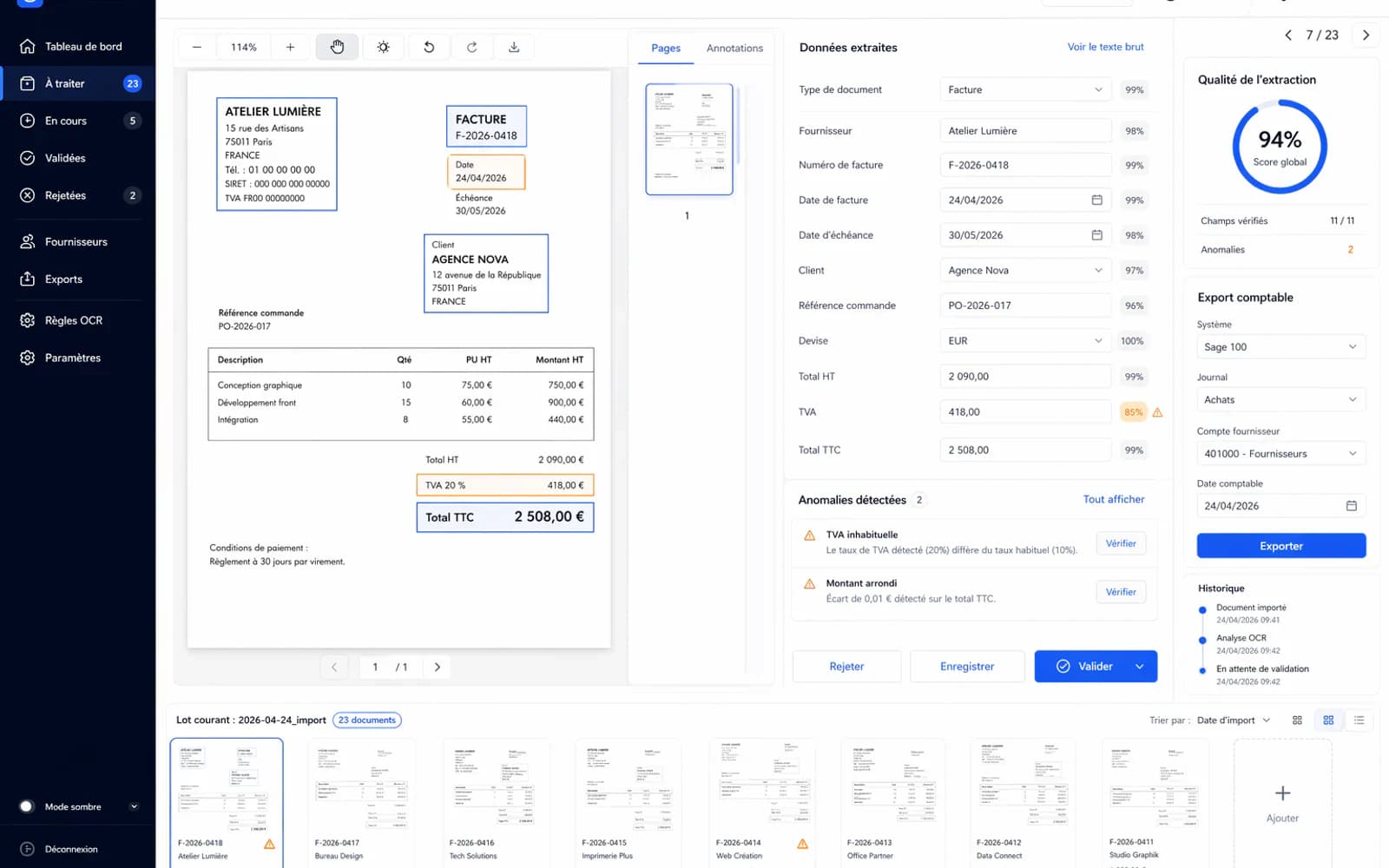 Capture d’écran réaliste d’une interface OCR factures avec champs extraits et contrôle des anomalies