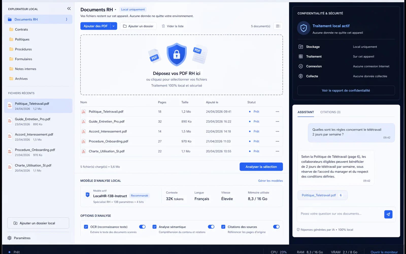 Capture d’écran réaliste d’une application PDF locale avec traitement confidentiel dans le navigateur