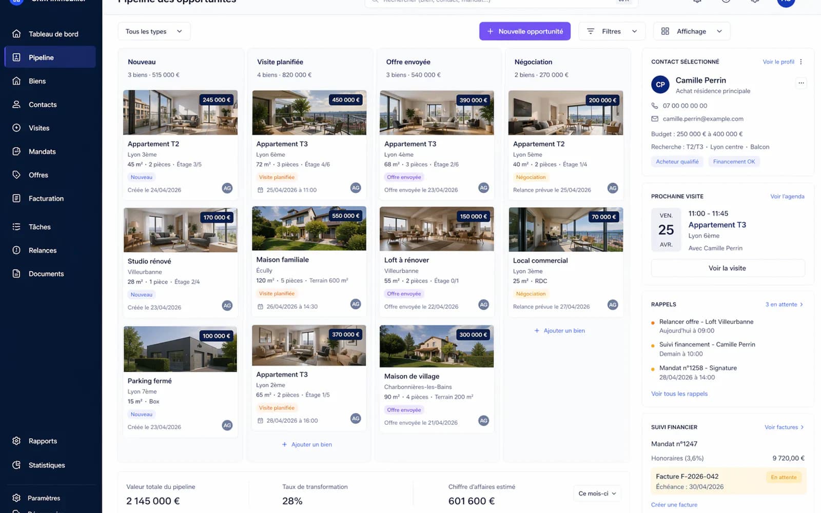 Capture d’écran réaliste d’un CRM immobilier pour TPE avec pipeline, contact client et rappels IA