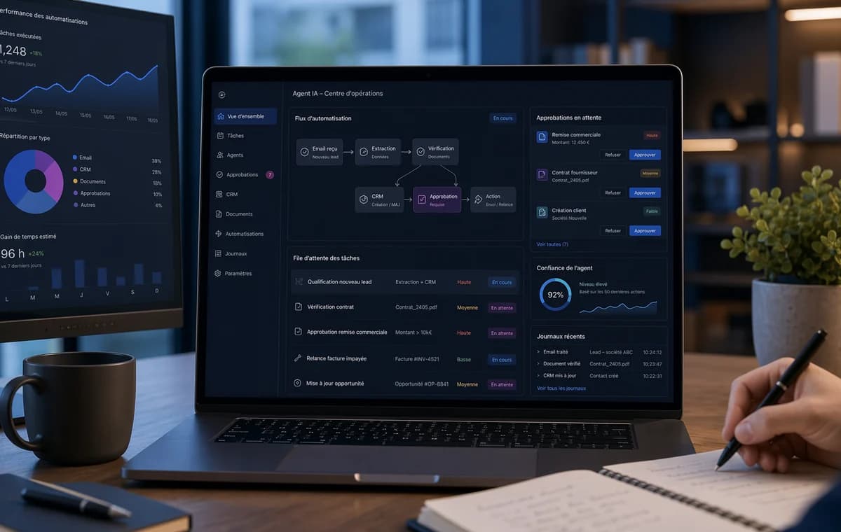 Agent IA central connecté à plusieurs outils métier avec supervision humaine