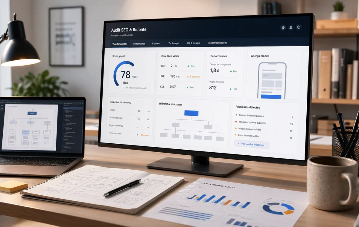 Interface web abstraite représentant une refonte SEO performante et structurée