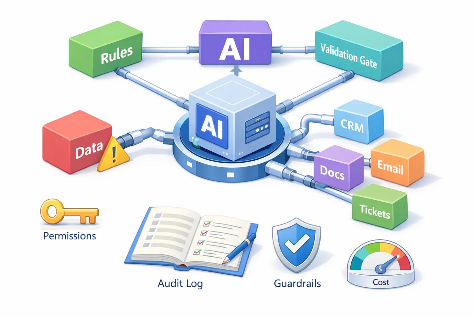 Illustration isométrique 3D représentant un agent IA orchestrant CRM/Email/Docs, avec clé, bouclier, log et alerte données
