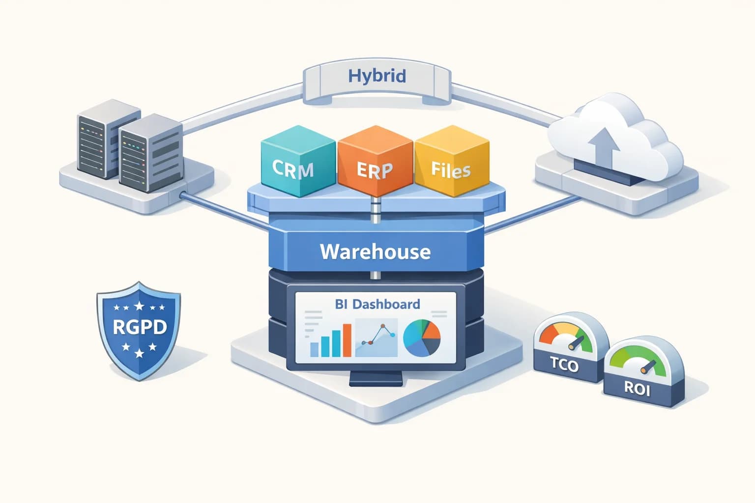 Illustration isométrique représentant une stack data (CRM, ERP, Files) vers entrepôt et dashboard, cloud et on‑prem