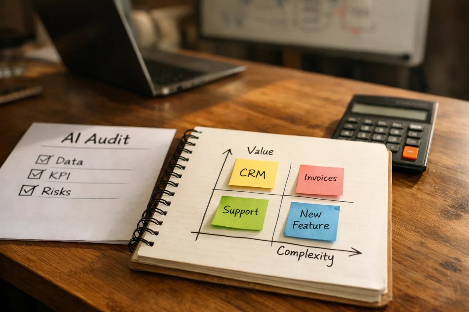 Illustration photographique représentant un bureau avec une matrice 2x2 Value/Complexity, post‑it (CRM, Support, Invoices) et