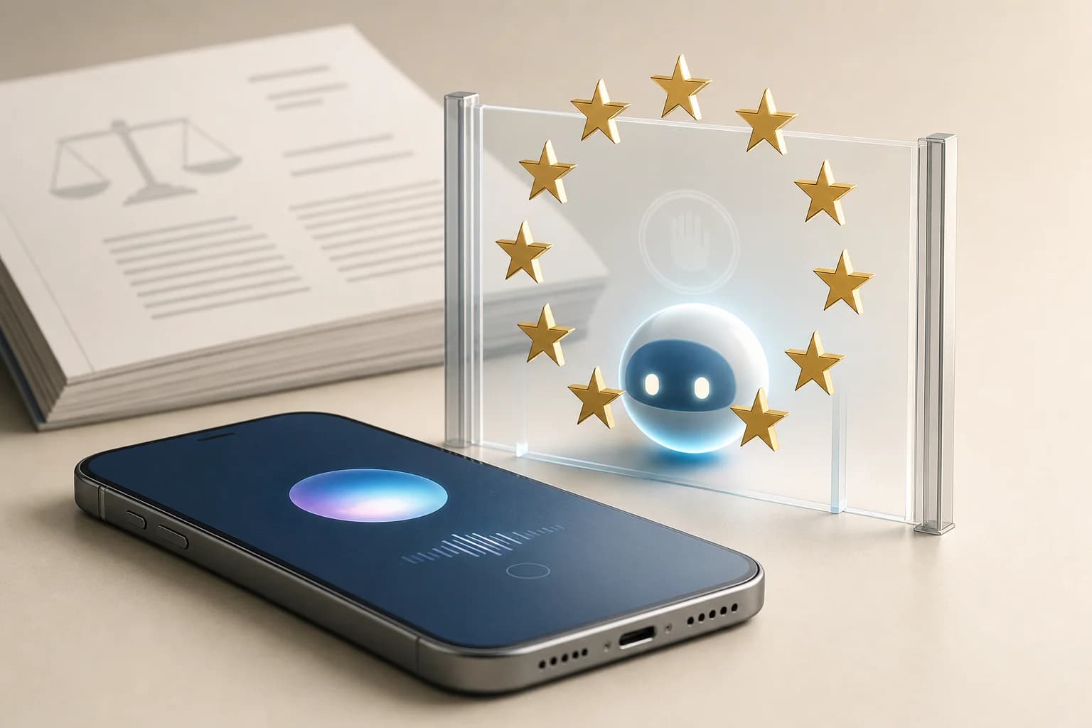 Un assistant IA stylisé reste derrière une barrière transparente entourée d'étoiles européennes, à côté d'un smartphone et d'un dossier juridique.