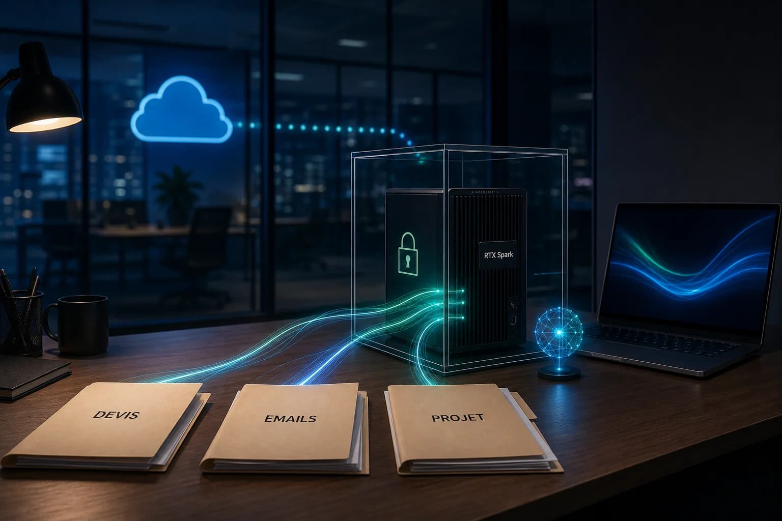 Un PC RTX Spark protégé traite des dossiers DEVIS, EMAILS et PROJET en local, avec un cloud visible mais séparé en arrière-plan.