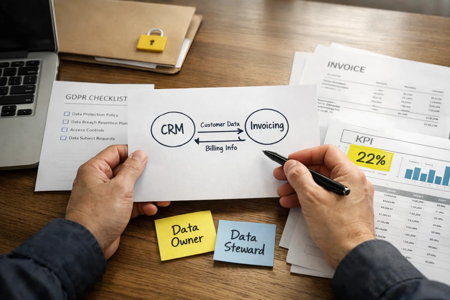 Illustration photographique représentant mains examinant une carte de données CRM-facturation, checklist RGPD et cadenas