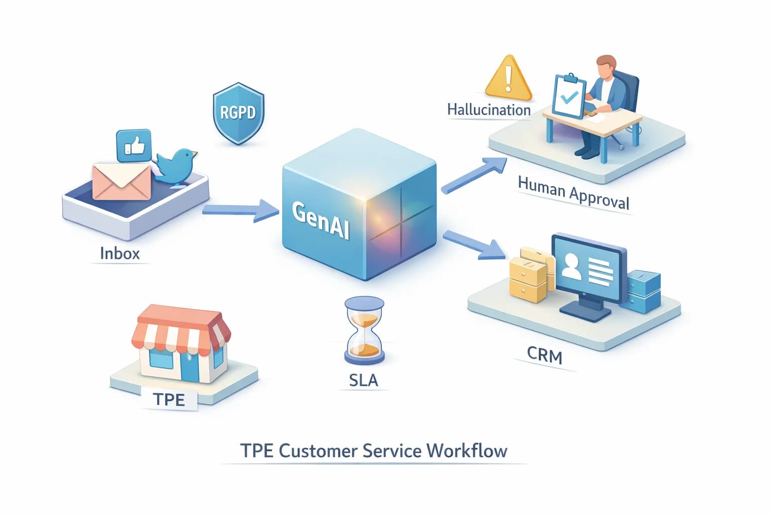 Illustration isométrique représentant flux client TPE : messagerie→cube GenAI→validation humaine/CRM; icônes RGPD, SLA