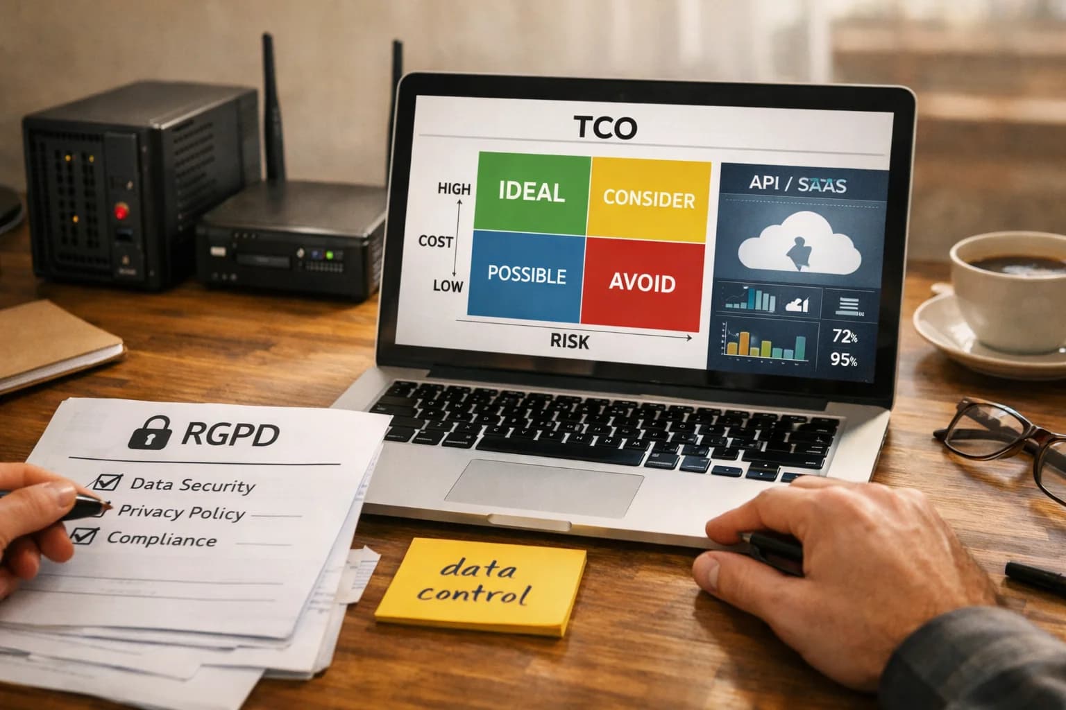 Illustration photographique représentant un bureau de TPE avec laptop affichant matrice 'TCO', mini‑serveur, dashboard 'API/S