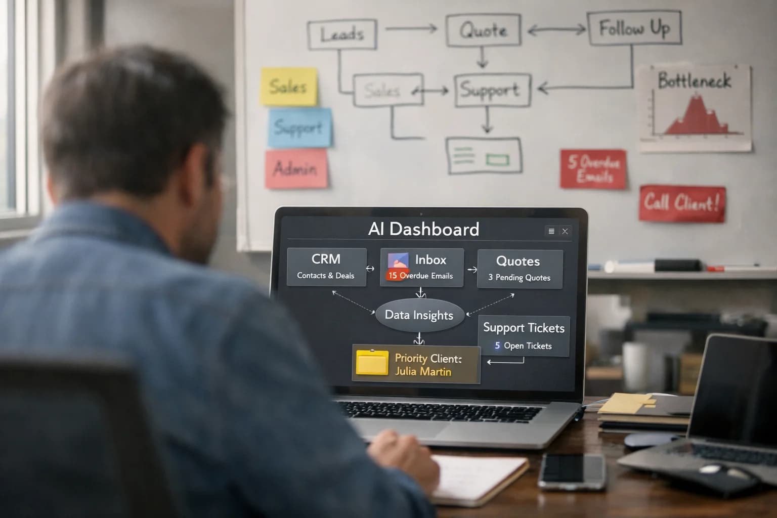 Photographie d’un bureau de TPE avec tableau de bord IA et flux CRM, emails et support