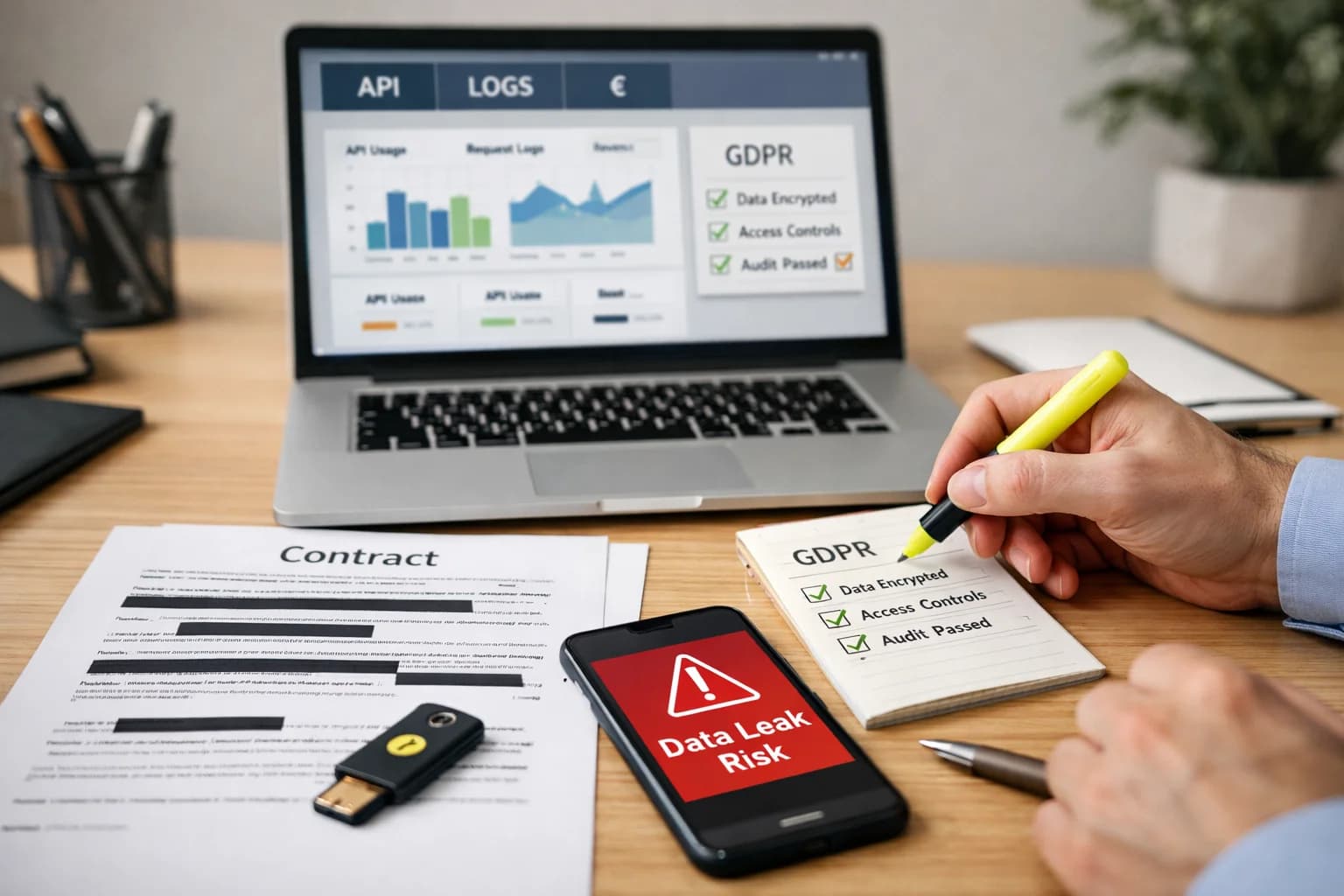 Illustration éditoriale représentant un bureau de PME avec laptop montrant API/LOGS/€, checklist RGPD, contrat masqué, alerte