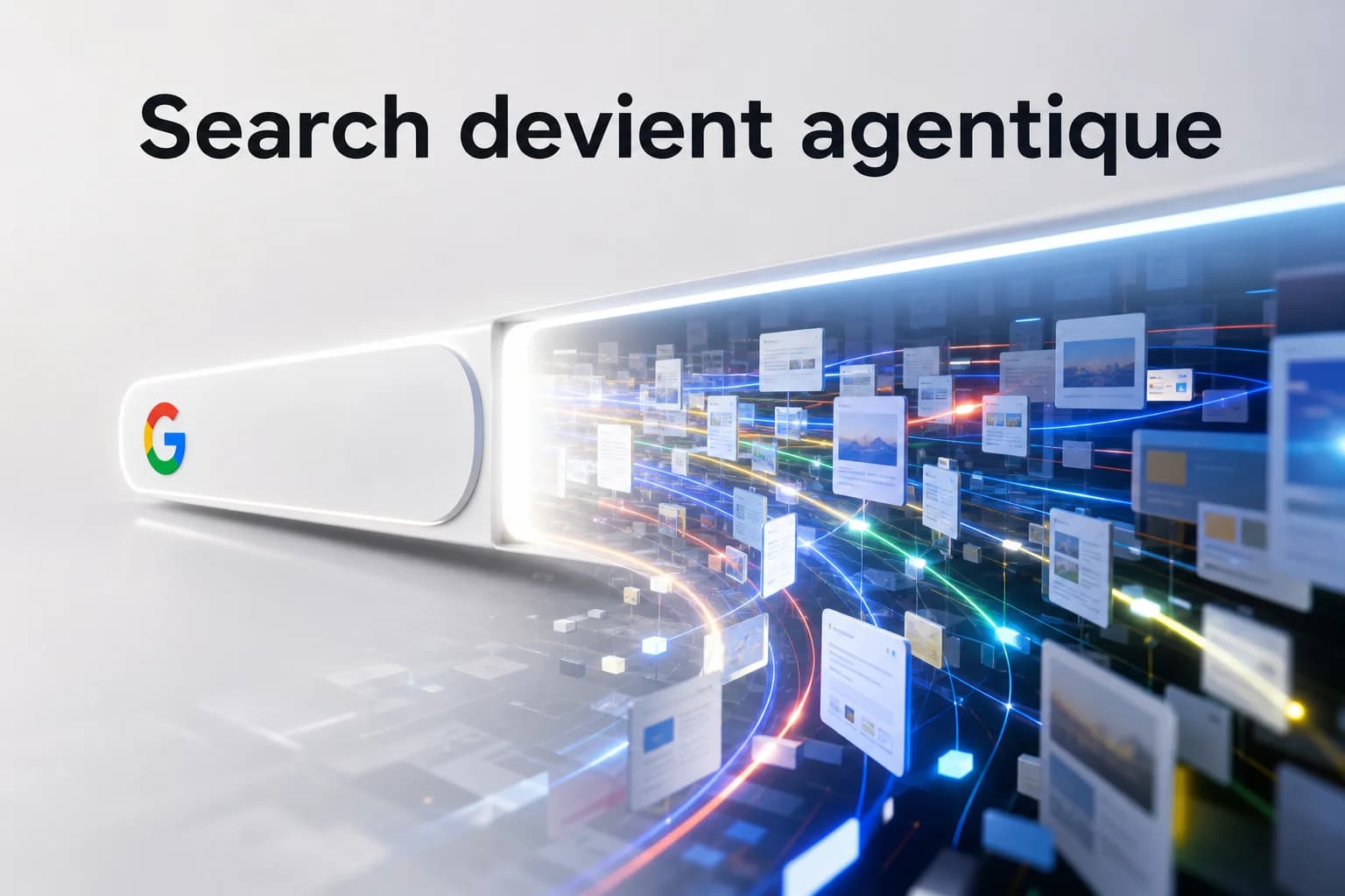 Champ de recherche inspiré de Google s’ouvrant sur un paysage de pages web et de signaux IA.