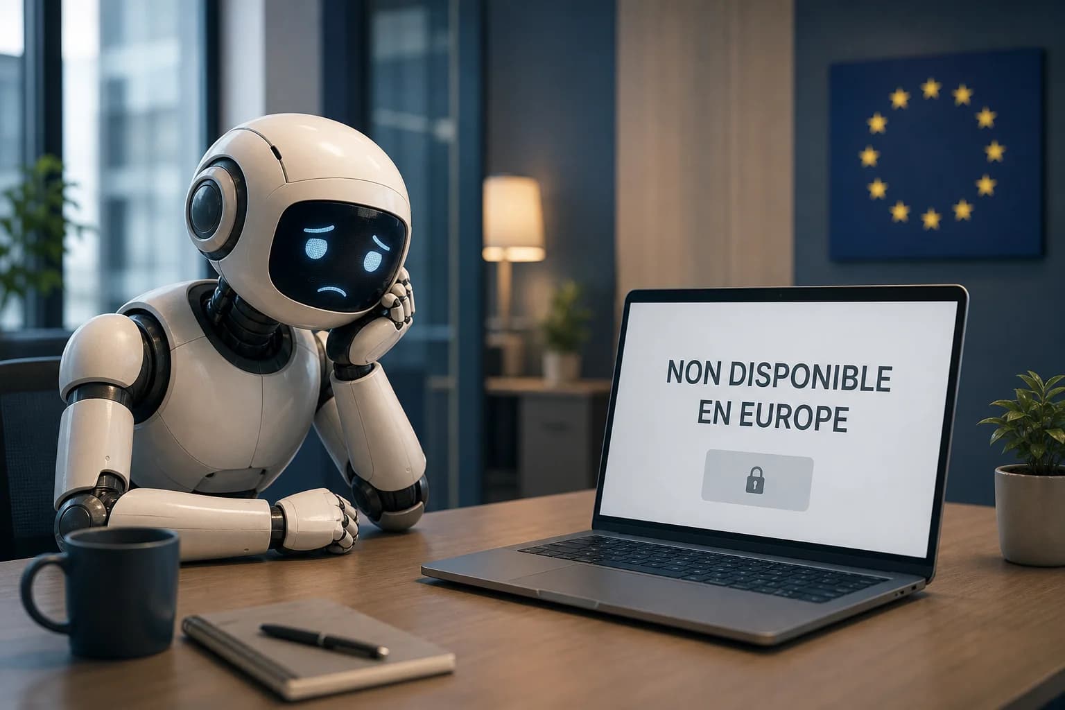 Robot agent IA devant un écran indiquant que le service n’est pas disponible en Europe.