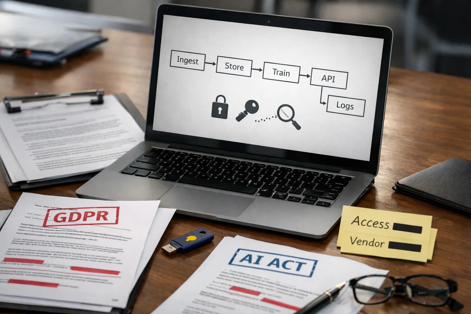 Illustration photo représentant un poste de travail avec PC affichant pipeline IA, documents GDPR et AI Act et clé sécurité