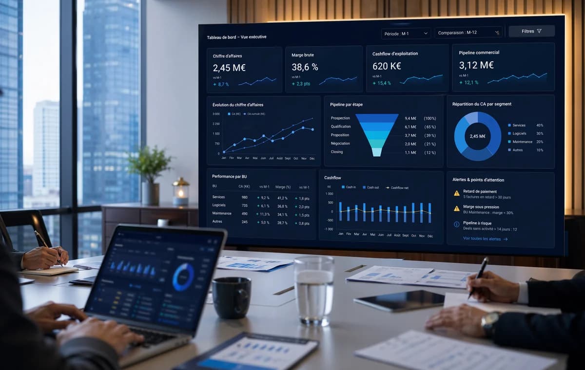 Dashboard KPI réaliste affiché sur ordinateur pour piloter une petite entreprise