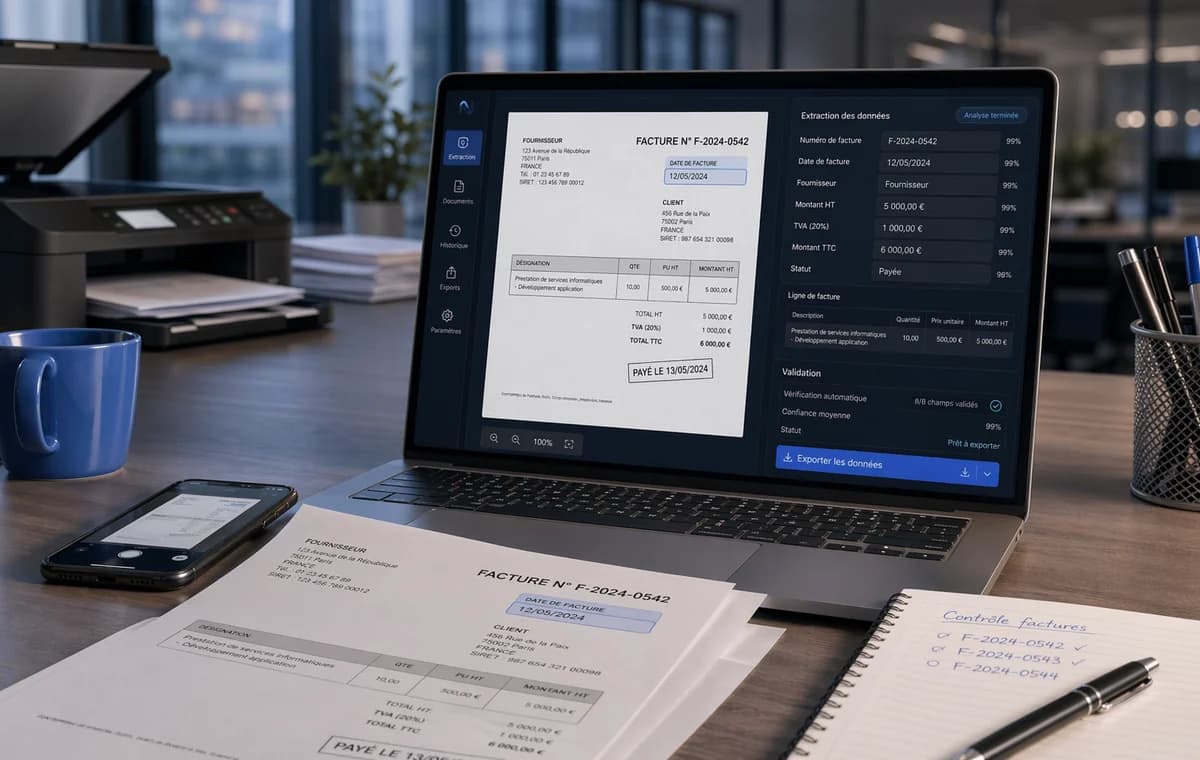 Factures numérisées avec ligne de scan et champs extraits automatiquement