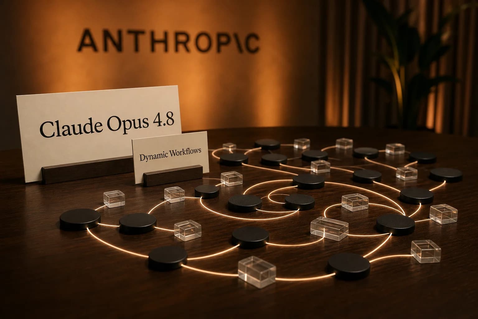Placards Claude Opus 4.8 et Dynamic Workflows devant un repère Anthropic, avec des jetons reliés par des fils lumineux qui symbolisent des sous-agents coordonnés.