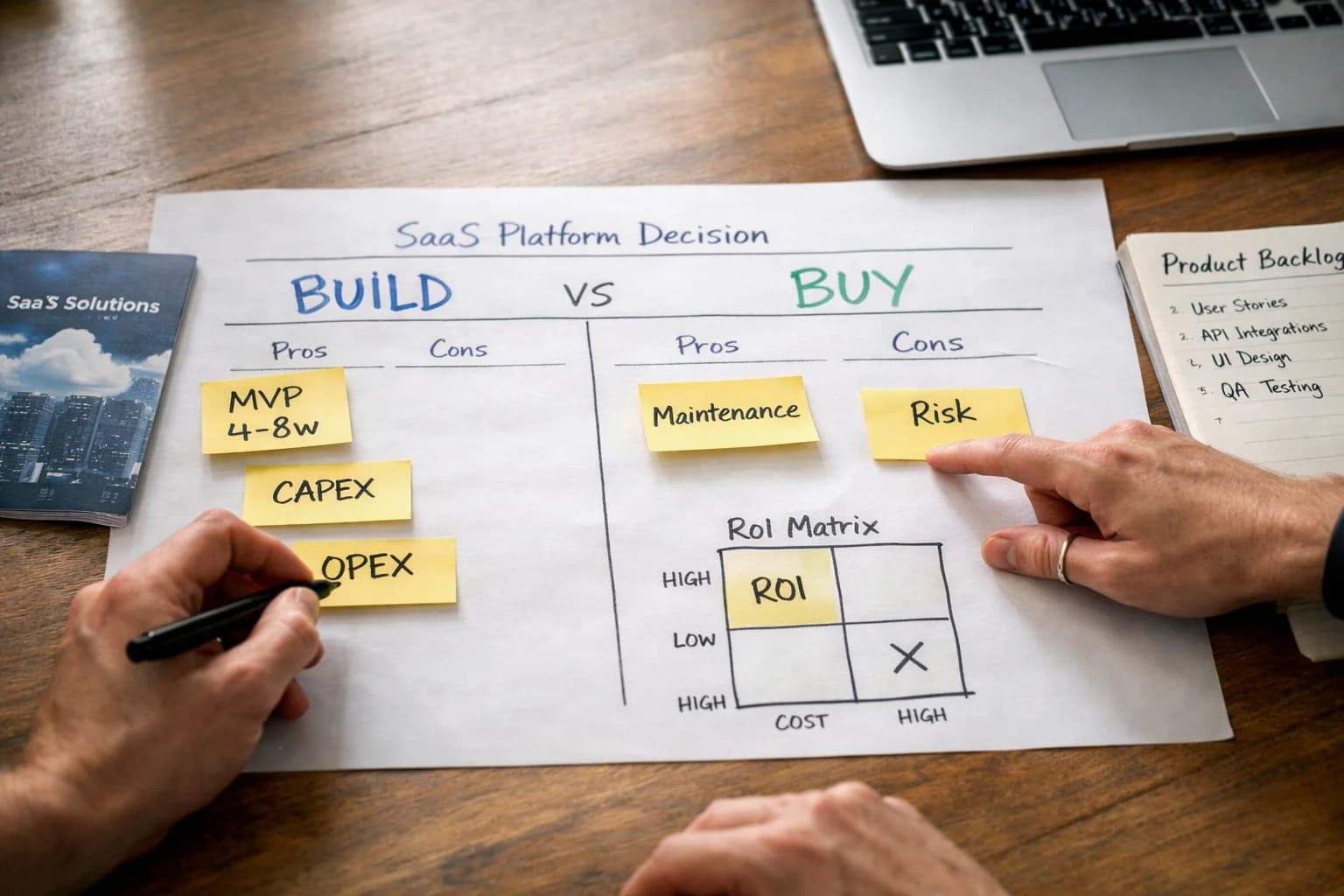 Illustration photographique représentant une fiche de décision « BUILD vs BUY » pour un SaaS, notes adhésives et matrice ROI