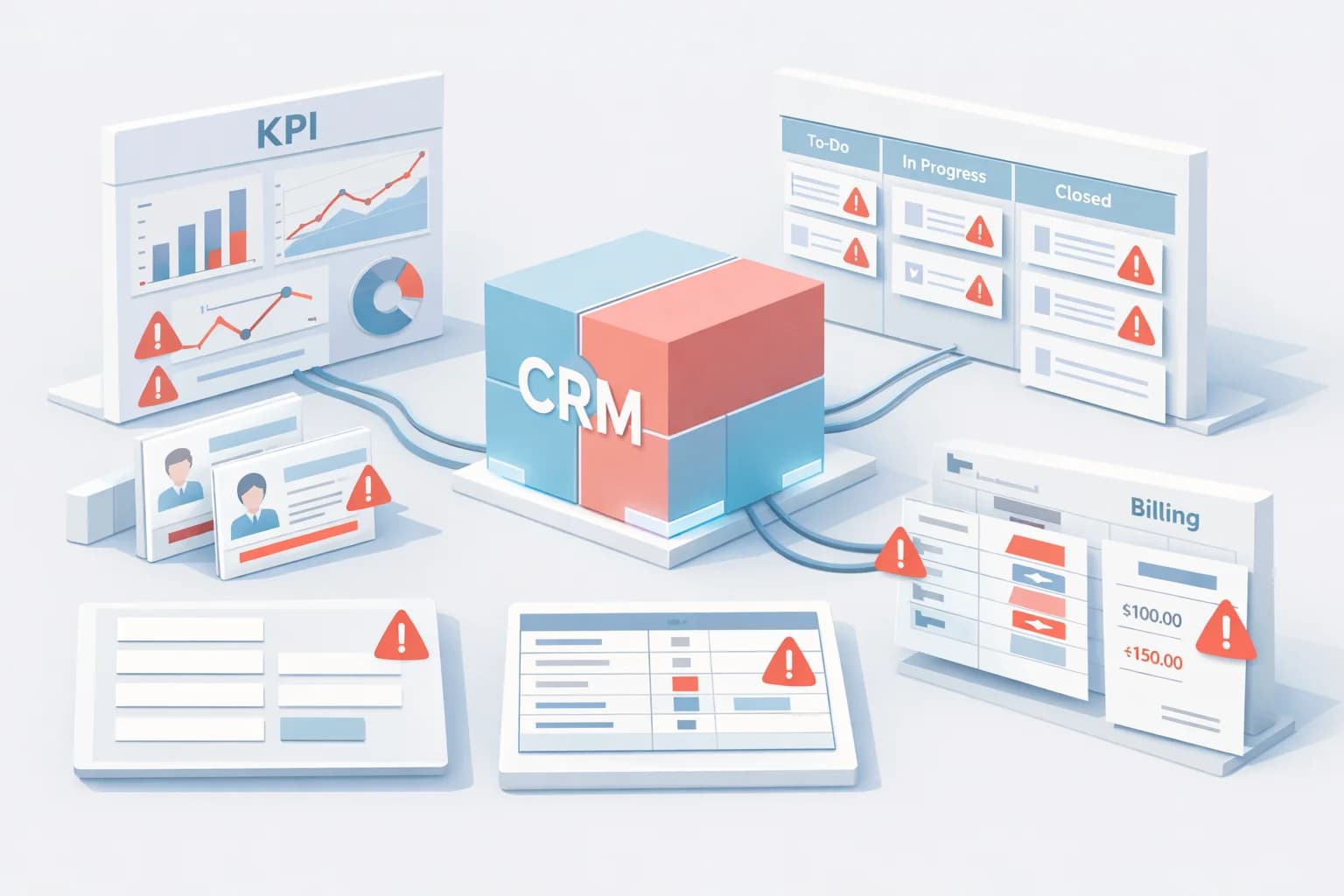 Illustration isométrique d’un CRM alimentant des graphiques, avec doublons et données clients incohérentes